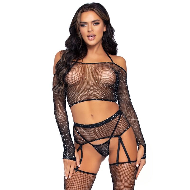 Detalhe do LEG AVENUE Conjunto Lingerie Arrastão Strass 4 Peças, realçando o design e os materiais.