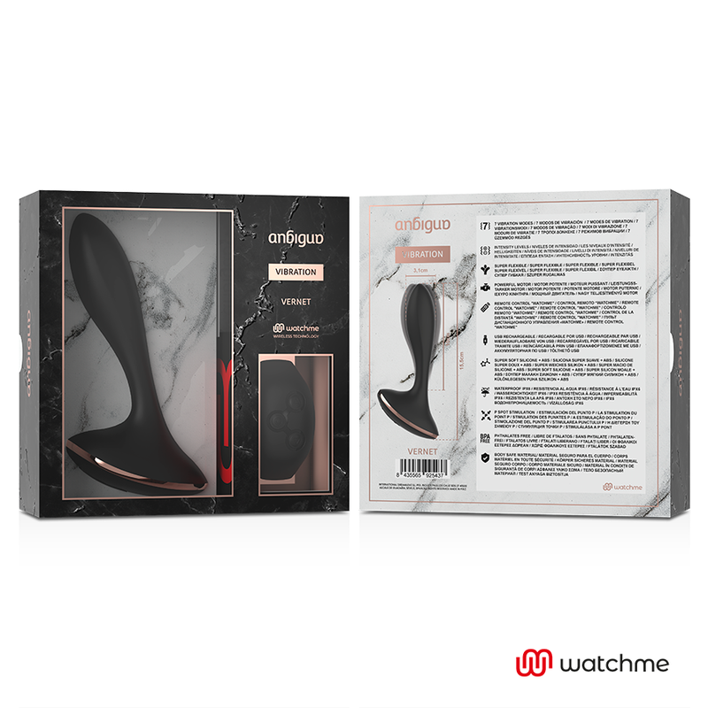 Vibrador Anal Plug ANBIGUO VERNET com controle remoto WATCHME e design ergonómico de silicone.
