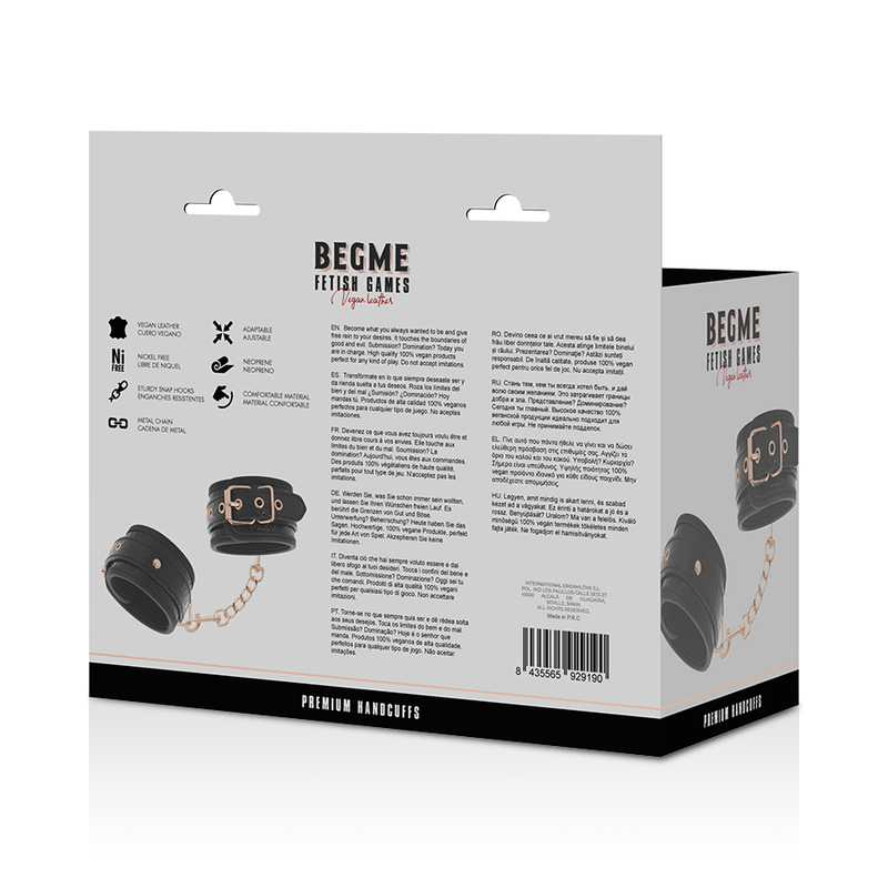 Close-up das Algemas BEGME Black Edition Premium, mostrando o couro vegano e fivelas.