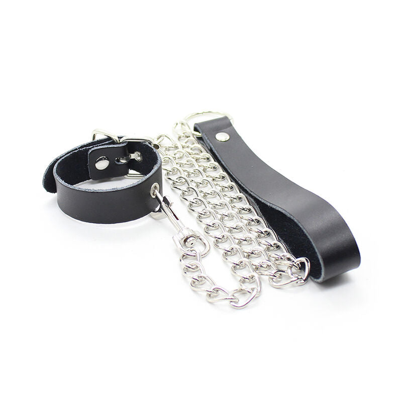 Ohmama Fetish Colar para Pênis com Alça de Couro e Corrente de Metal, detalhe do couro e da corrente.