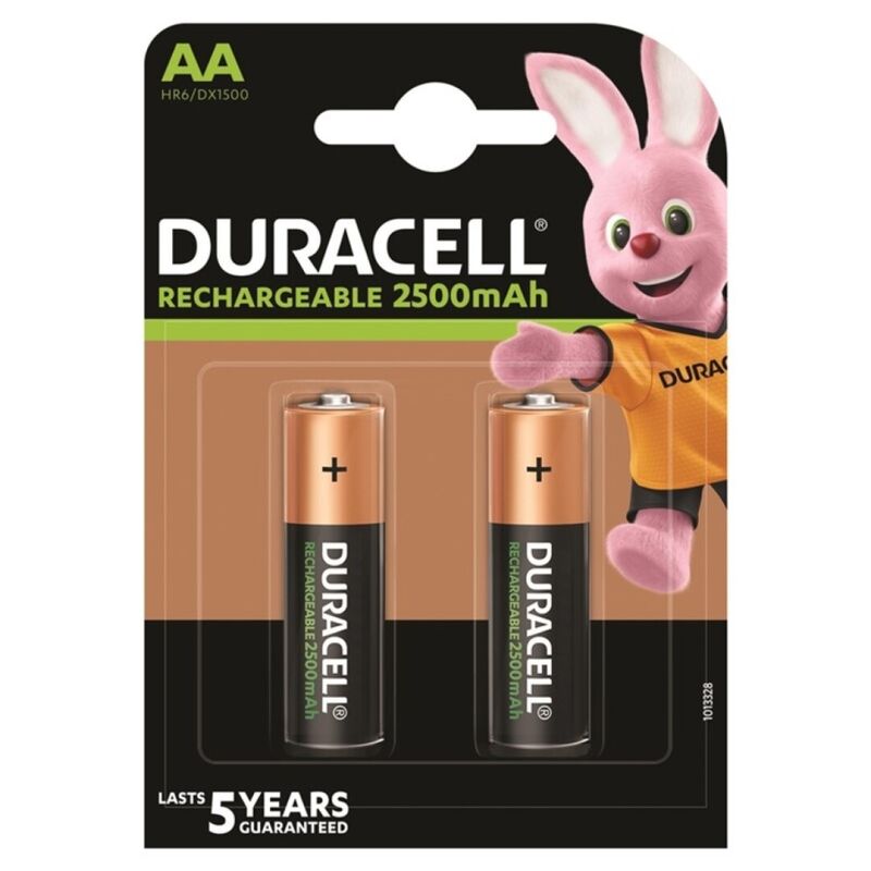 Pack de 2 pilhas recarregáveis Duracell AA 2500mAh para dispositivos eletrónicos e brinquedos.