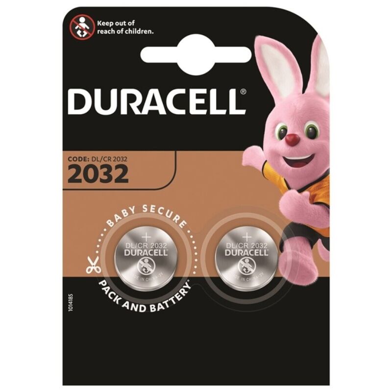 Embalagem com duas baterias de botão Duracell Lítio CR2032 3V, pronta para uso em diversos dispositivos eletrónicos.