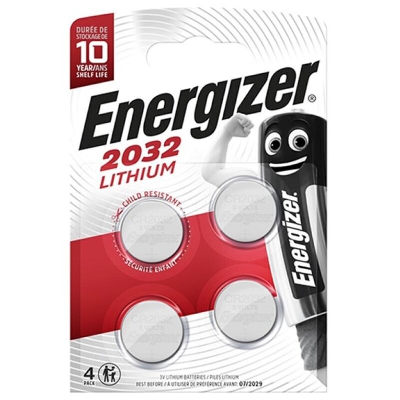 Bateria botão de lítio Energizer CR2032 3V, pack com 4 unidades para dispositivos eletrónicos.