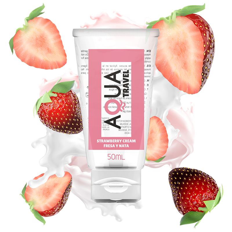 AQUA TRAVEL Lubrificante à Base de Água Creme de Morango 50ml, embalagem de viagem.