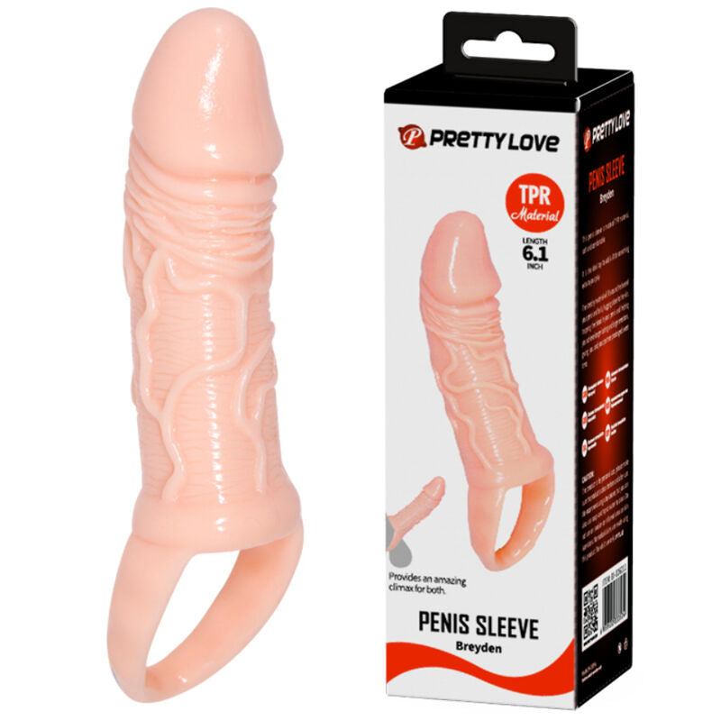 Close-up of the PRETTY LOVE Bainha de Pénis Breyden com Contenção Testicular, highlighting its natural color and textured design.