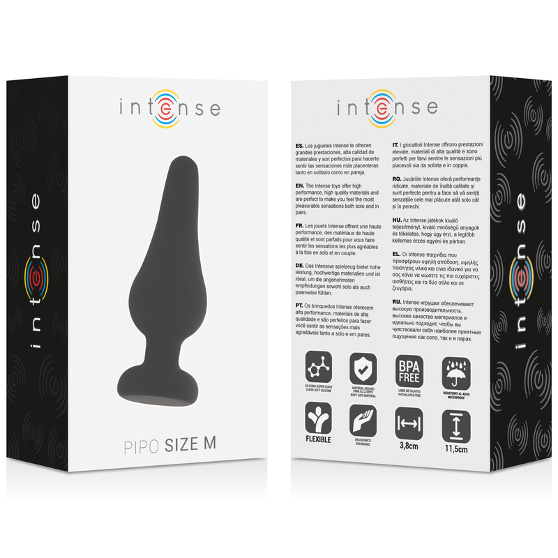 Close-up do Plug Anal Intense Pipo M de Silicone Preto 11 CM, destacando a sua forma cónica e material macio.
