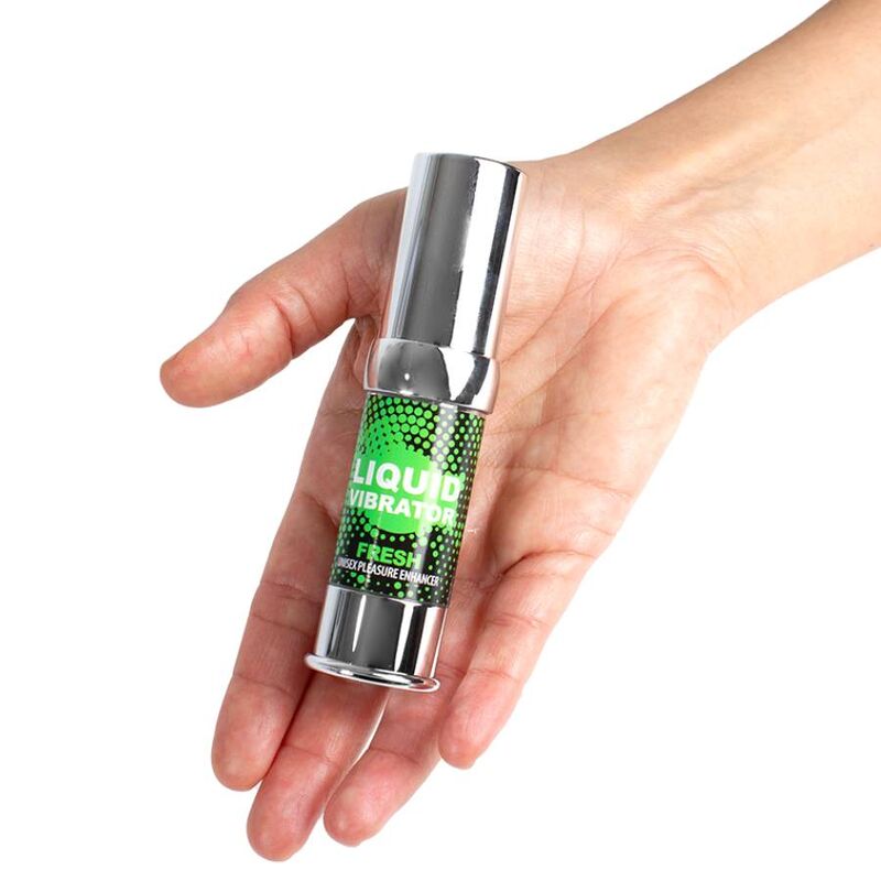 Close-up do SECRETPLAY Vibrador Líquido Fresh Efeito Frio e Vibratório 15 ML, mostrando a embalagem e o dispensador.