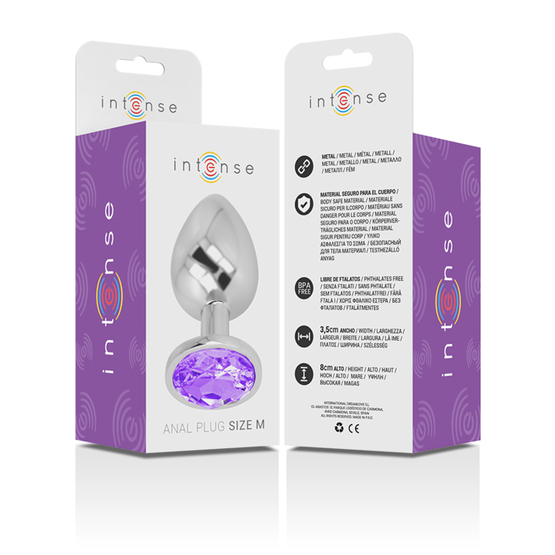 Close-up do Plug Anal de Metal Intense com Cristal Violeta, mostrando o design elegante e a joia.