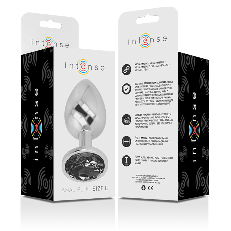 Close-up do Plug Anal Intense de Metal com Joia Diamante Vidro Preto Tamanho L, destacando seu design luxuoso.