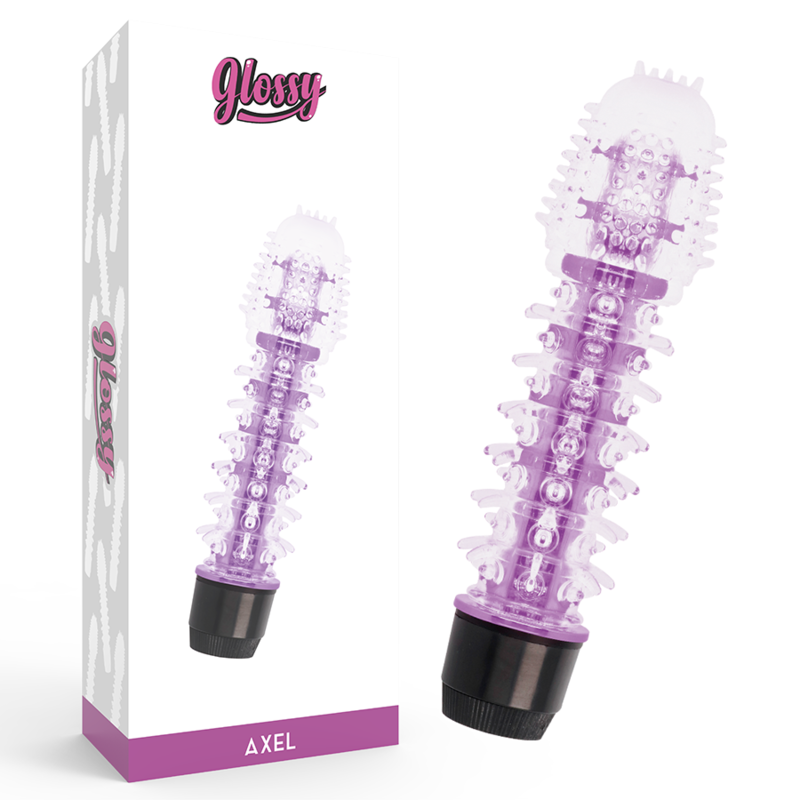 Close-up do vibrador GLOSSY Axel Lilás, mostrando seu design ergonómico e material suave.