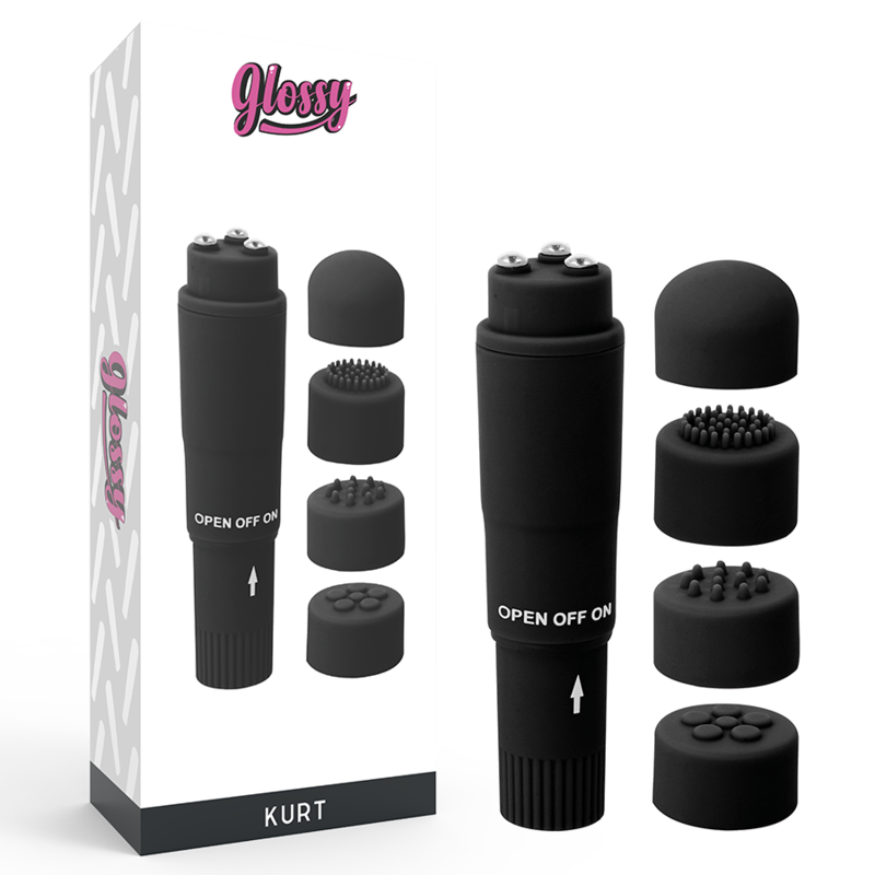 Close-up do GLOSSY Mini Massageador Kurt Preto, mostrando suas 4 cabeças intercambiáveis e design elegante.