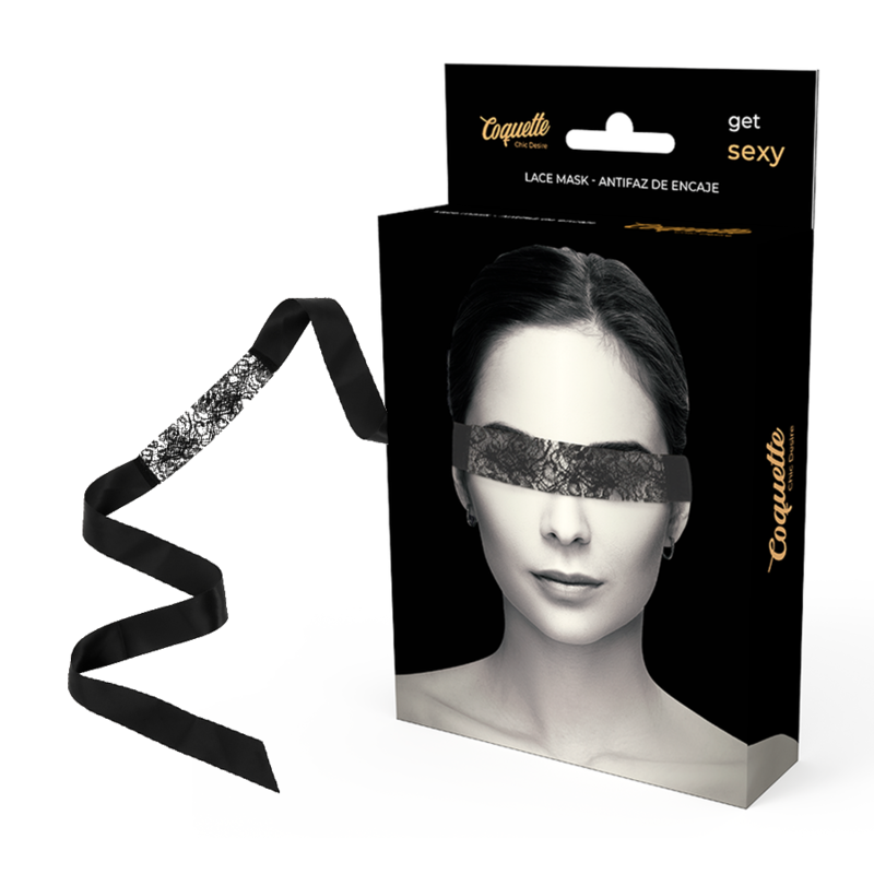 Coquette Chic Desire Máscara de Renda Preta com Fita, detalhe do tecido e design.