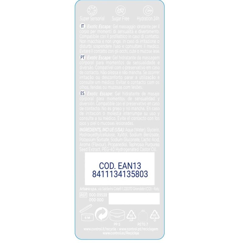 Embalagem do CONTROL Gel de Massagem & Prazer 2 em 1 Exótico 200 ML, mostrando o design e a marca.