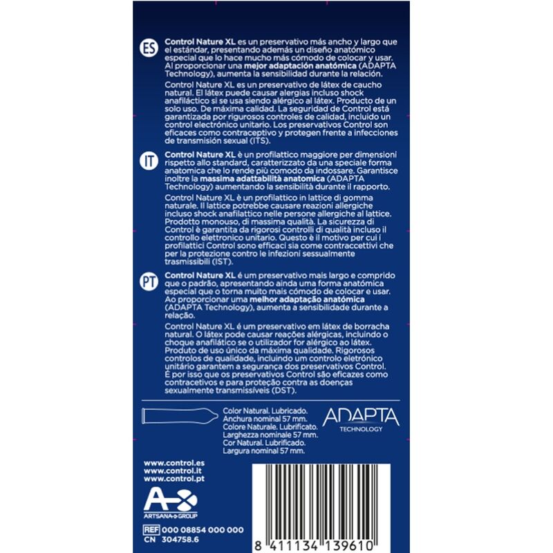 Embalagem de preservativos CONTROL Adapta Nature XL 12 Unidades