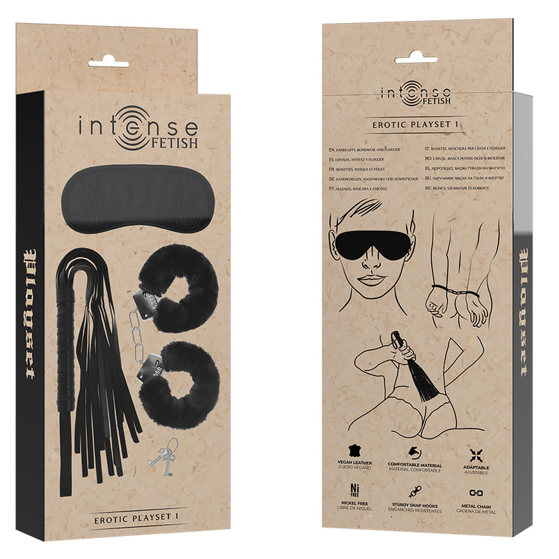 INTENSE FETISH Playset Erótico com algemas, máscara cega e flogger em couro vegano.