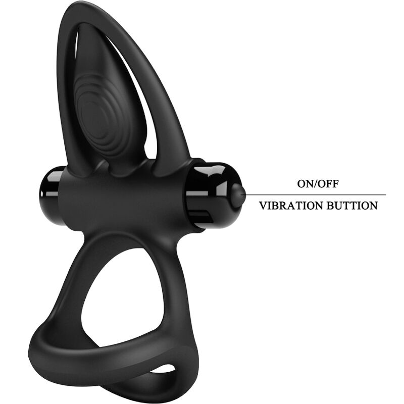 PRETTY LOVE Anel Vibrante 10 Funções Silicone para Casais Preto, destacando o design ergonómico e estimuladores.