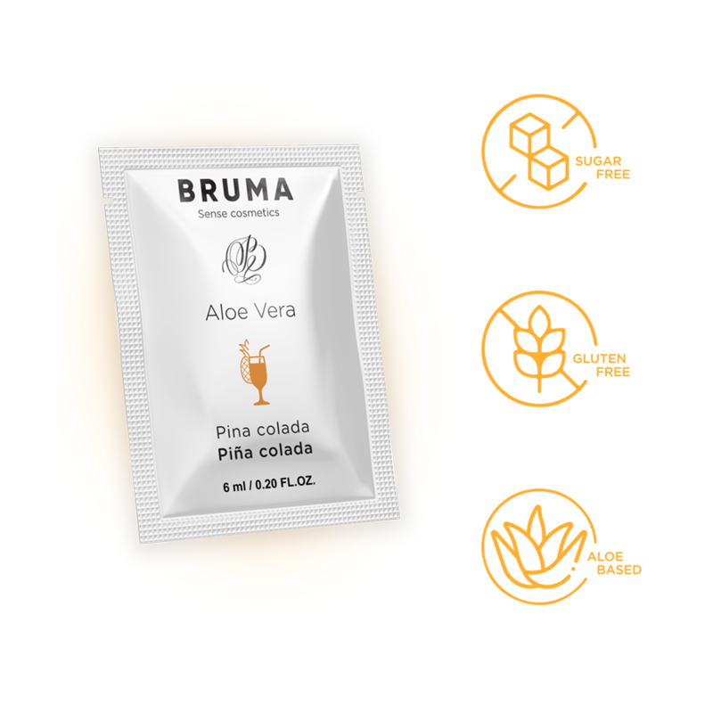 Close-up do Gel Deslizante BRUMA Aloe Vera Sabor Pina Colada 6 ML, destacando a embalagem e o design.