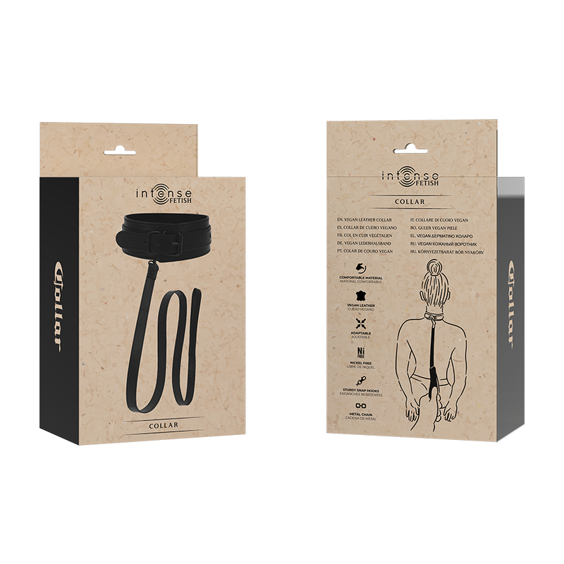 Coleira de Couro Vegano Ajustável INTENSE FETISH, mostrando detalhes da fivela e textura.