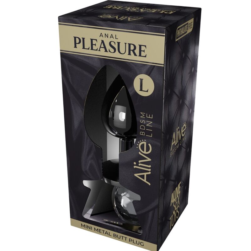 Close-up of the ALIVE Mini Plug Anal Metálico Preto Tamanho L showing its design and features.