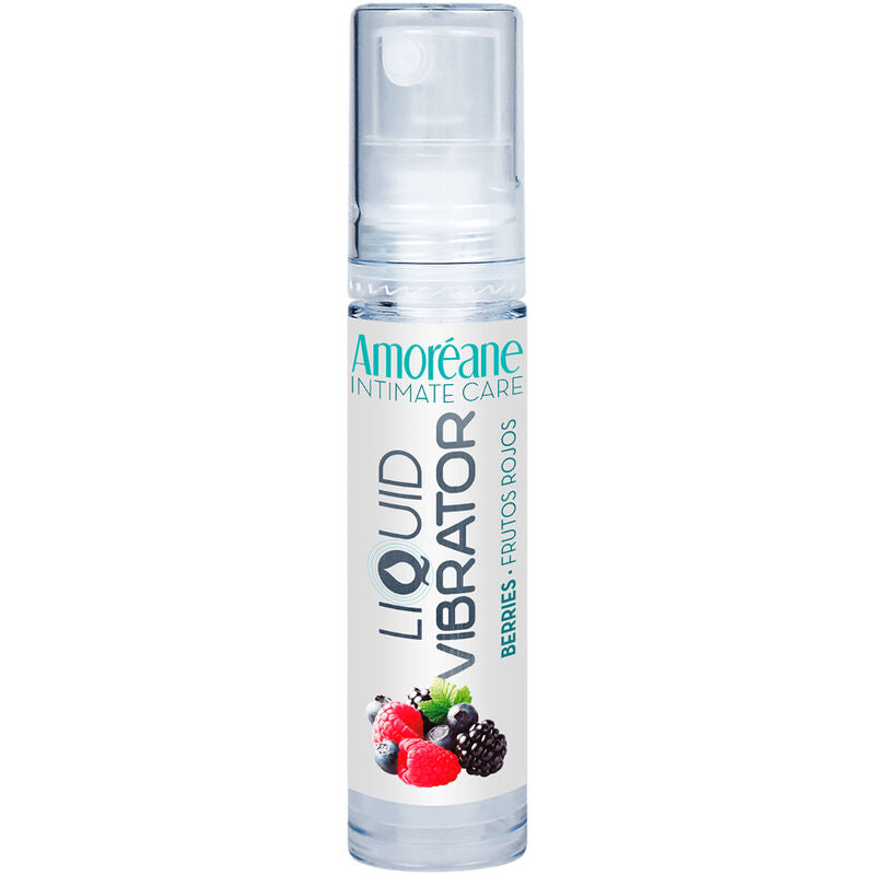 Close-up do AMOREANE Gel Vibrante Líquido Morango 10ml, destacando o frasco e a textura do gel.
