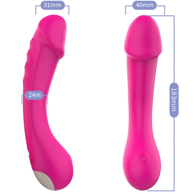 Close-up of the ARMONY Vibrador Dildo Ponto G Silicone Fúcsia, highlighting its curved design and smooth texture.