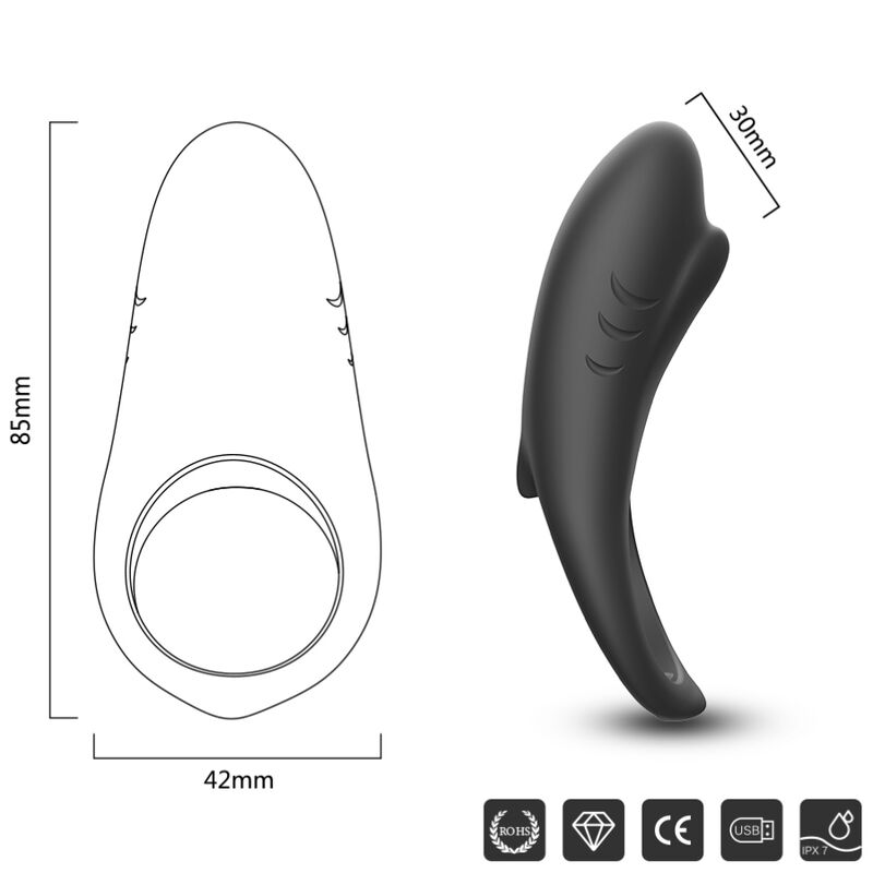ARMONY Anel Vibrador Shark para Casais com Controle Remoto, detalhe do design ergonómico em silicone preto.