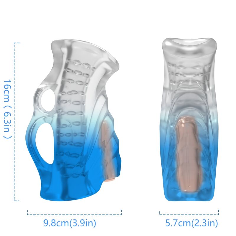 Close-up do masturbador e vibrador ARMONY Gradiente Azul, mostrando seu design ergonómico e textura.