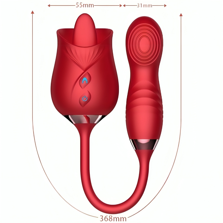 Close-up do Vibrador ARMONY Flor Delight vermelho, mostrando a ponta de língua e design ergonómico.