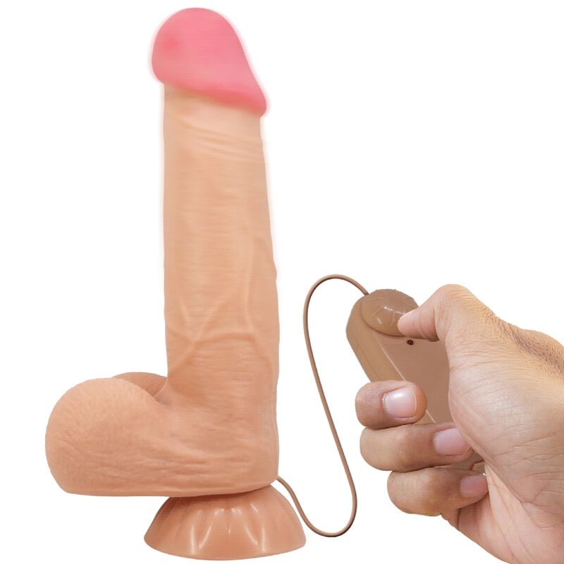 Close-up do vibrador Pretty Love Sliding Skin realístico com ventosa e controlo remoto, na cor carne.