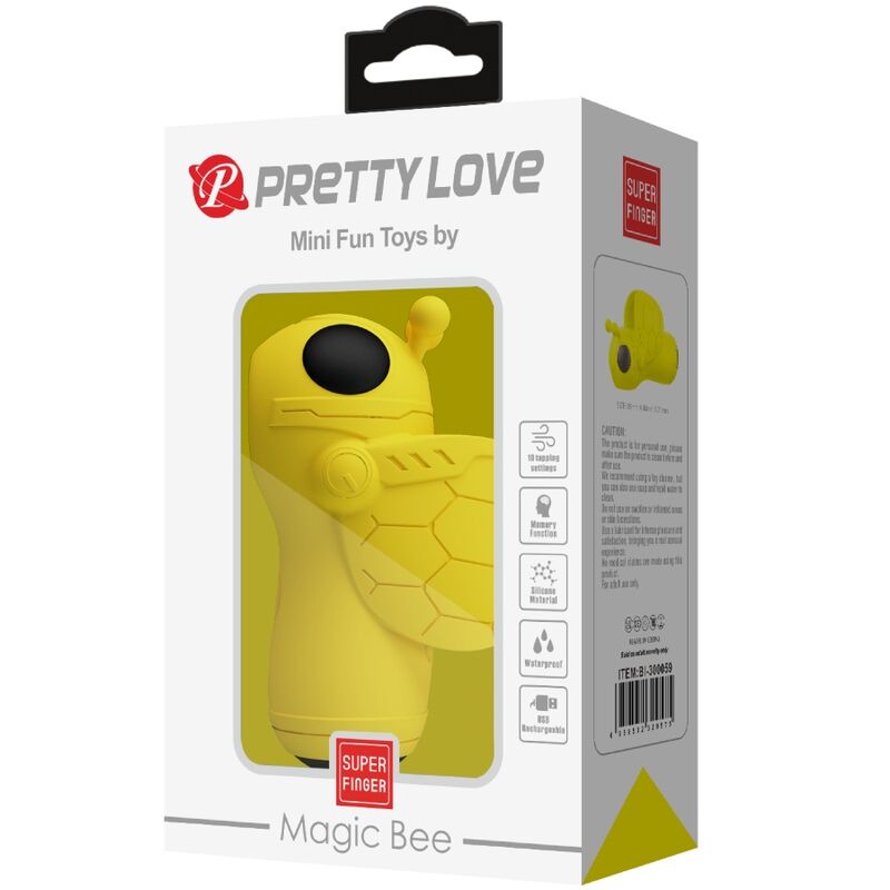 Close-up do vibrador e estimulador de sucção PRETTY LOVE Magic Bee Mini, mostrando o design compacto e a cor amarela.