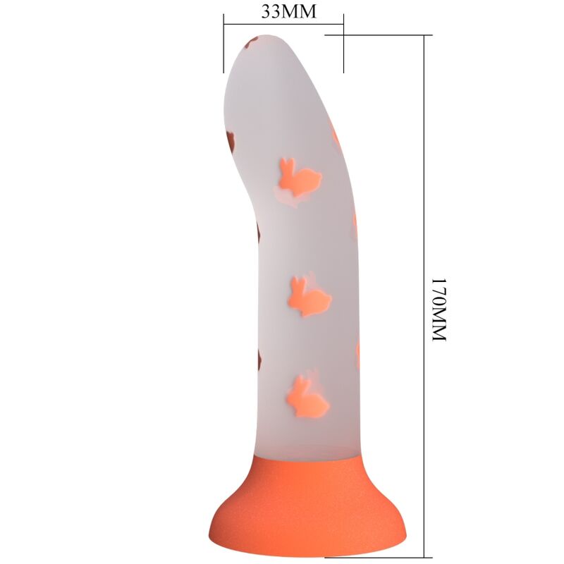 Close-up do Dildo Pretty Love Nightfall Luminoso Laranja, mostrando a textura de silicone e o brilho no escuro.