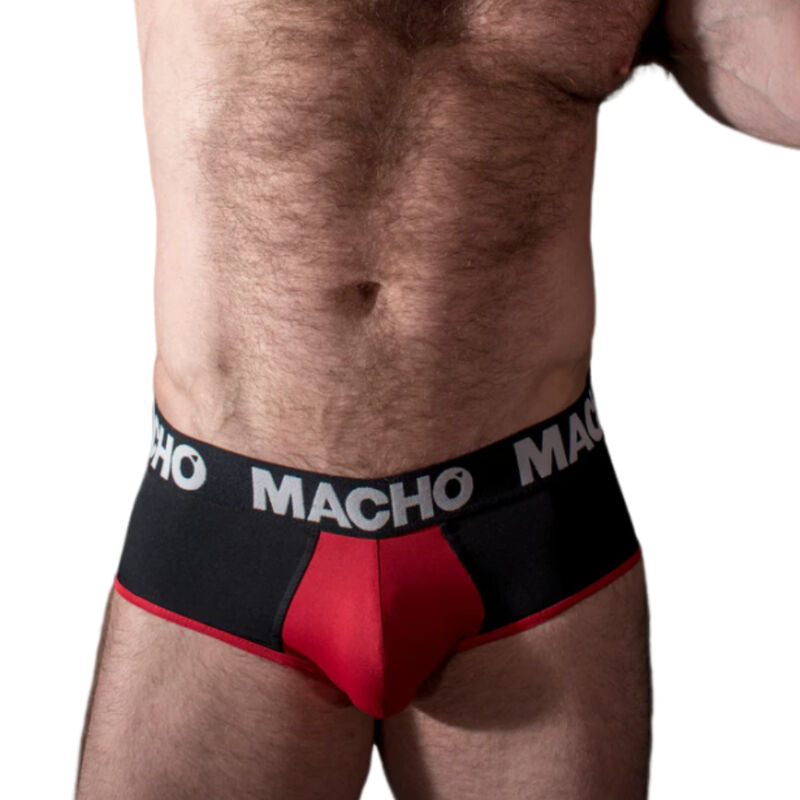 Detalhe do Slip MACHO Preto/Vermelho L com Copa de Realce, mostrando o tecido e o design.