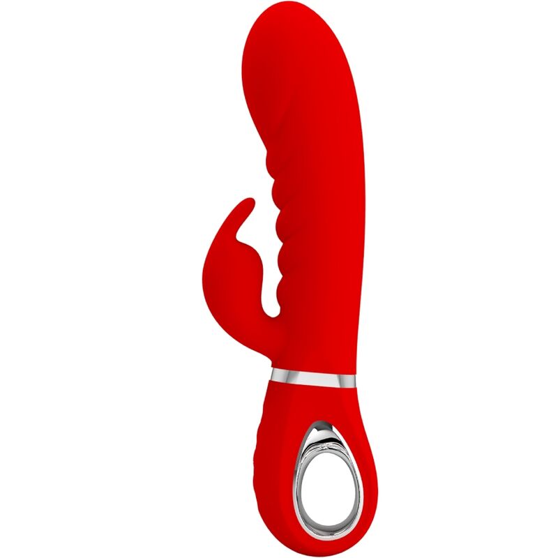 Close-up do vibrador PRETTY LOVE Rabbit Multifunções G-Spot Vermelho, destacando o design curvo e o estimulador clitoriano.