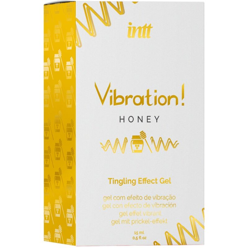 INTT Gel Vibrador Estimulante Íntimo com Mel Líquido 15 ML, detalhe da embalagem e textura do gel.