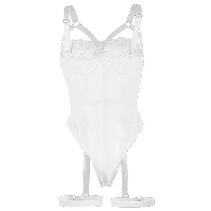 Teddy Subblime branco S/M com renda e liga integrada, destacando o detalhe do peito.