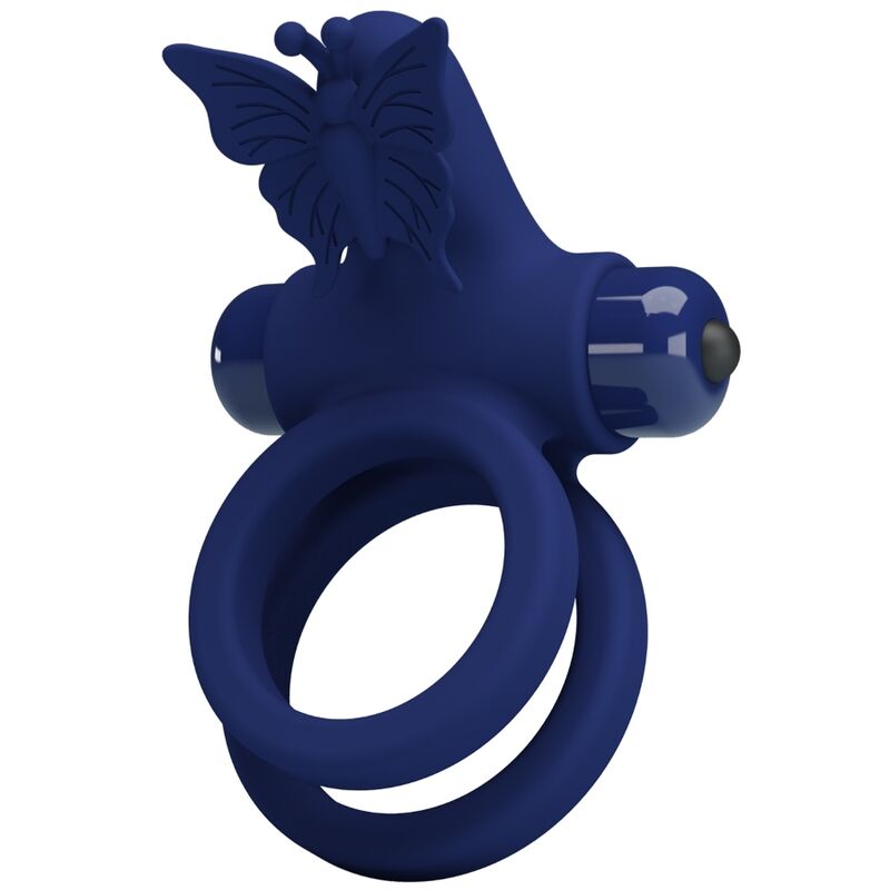 Anel Duplo Vibratório PRETTY LOVE Jamele com estimulador de borboleta azul, mostrando o design ergonómico para casais.
