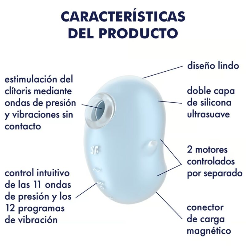 Satisfyer Cutie Ghost Vibrador Lay-On em azul claro, mostrando o design fofo e as características de estimulação clitoriana com ondas de pressão e vibração.