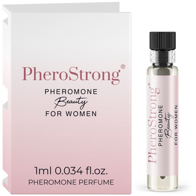 PHEROSTRONG Perfume de Feromônios para Mulher 1 ML, frasco e embalagem.