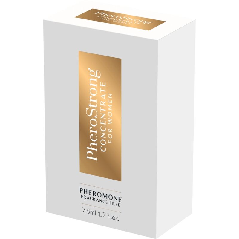 Close-up of the PHEROSTRONG Concentrado de Feromônios para Mulheres 7,5 ML, emphasizing its elegant design and compact size.