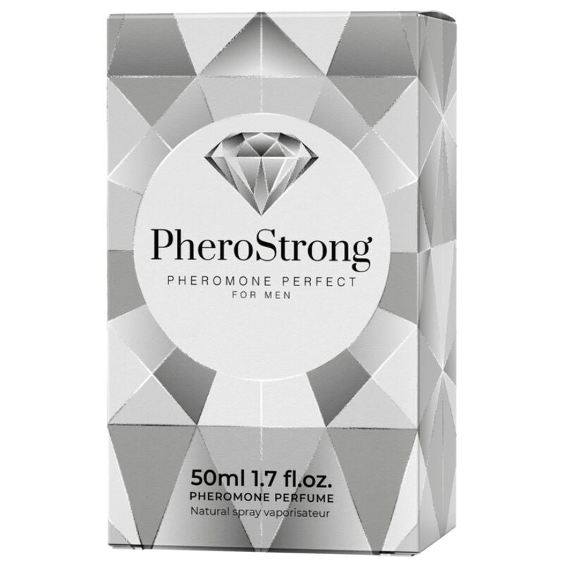 Frasco de PHEROSTRONG Perfume de Feromônios para Homens 50 ML, mostrando o design e a embalagem.