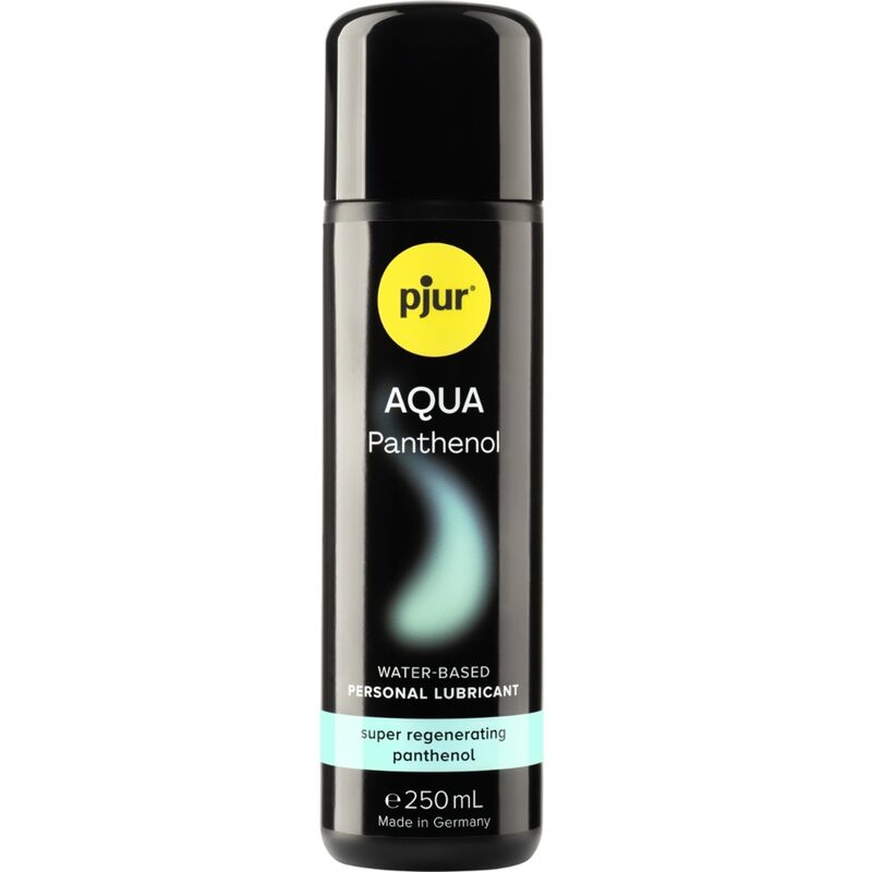 Embalagem do PJUR Lubrificante à Base de Água Aqua Pantenol 250ml, destacando os detalhes do produto e a sua formulação.