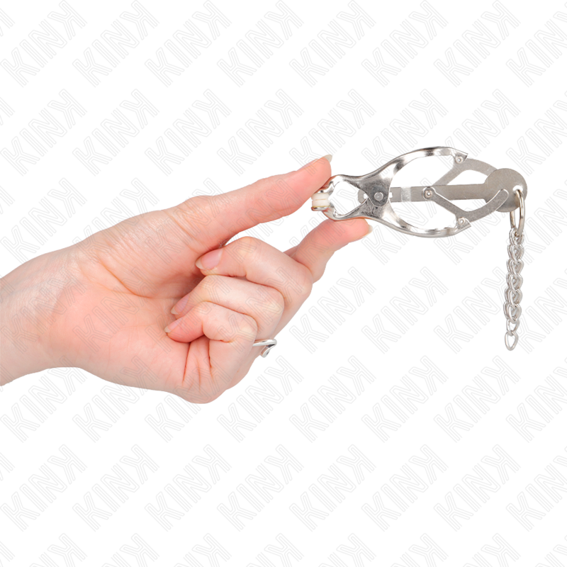 KINK Pinças de Mamilo Trevo Japonês com Pequenas Correntes Prata, para estimulação BDSM.