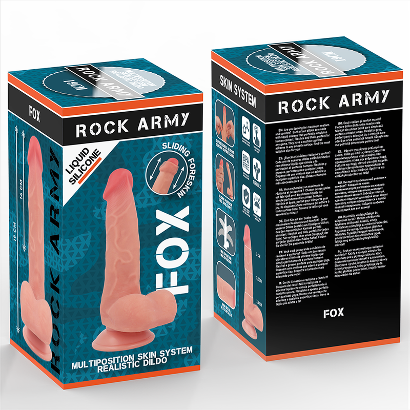 Close-up do Vibrador Realista Fox da ROCKARMY, em silicone líquido com ventosa, mostrando sua textura e detalhes.