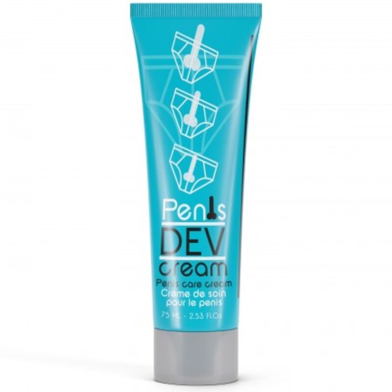 Close-up do RUF Creme de Aumento Peniano Penis Dev 75ml, mostrando a embalagem e a textura do creme.