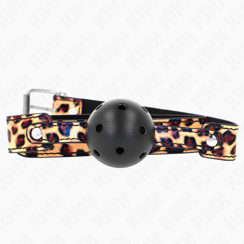 Mordaça de bola KINK com design leopardo e correia ajustável para sessões BDSM.