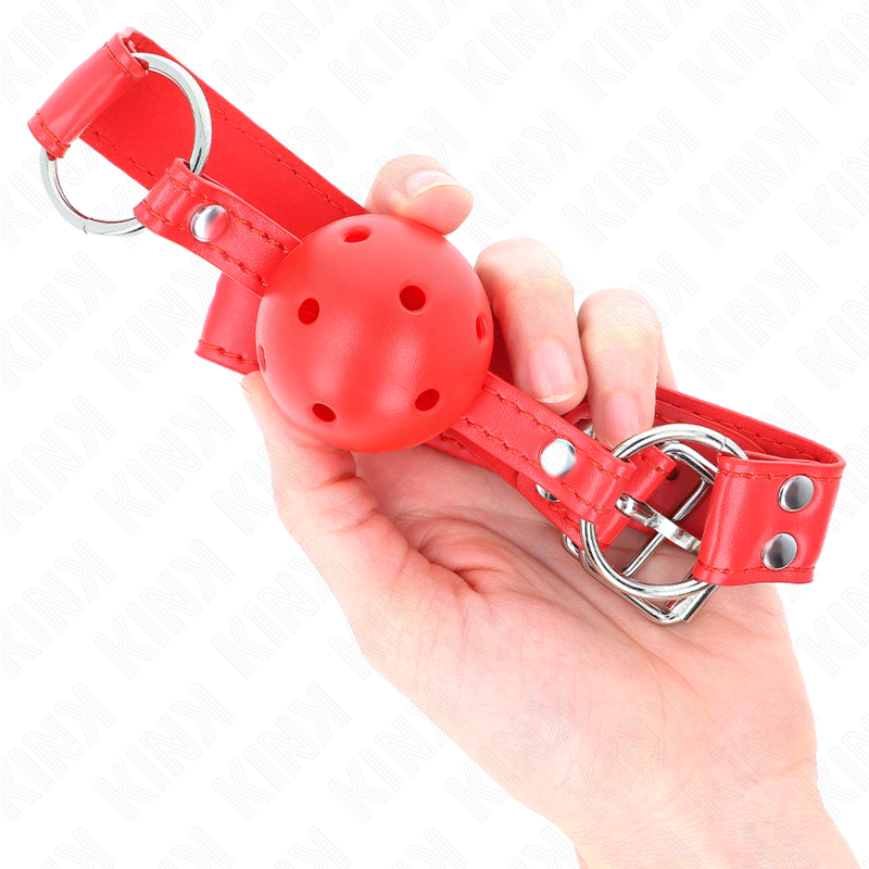 KINK Mordaça de Bola Oca Dura Completa Vermelha 62x2cm para jogos BDSM