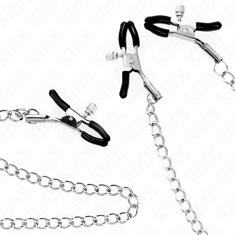 KINK Pinças Triplas Para Mamilos e Clitóris com Corrente, detalhe do design e funcionalidades.