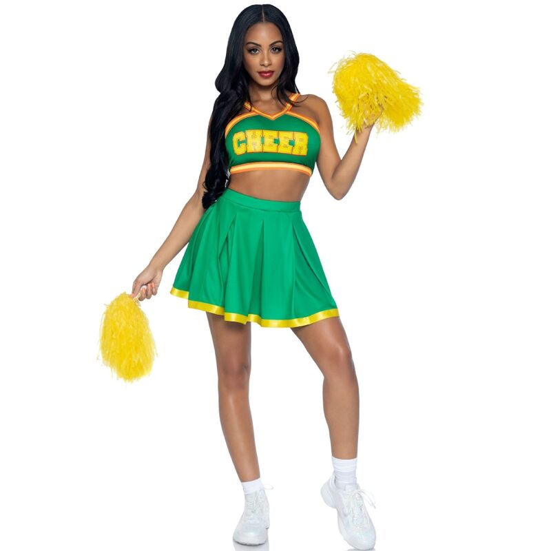 Fantasia de Líder de Torcida LEG AVENUE verde S/M com crop top, saia e pompons