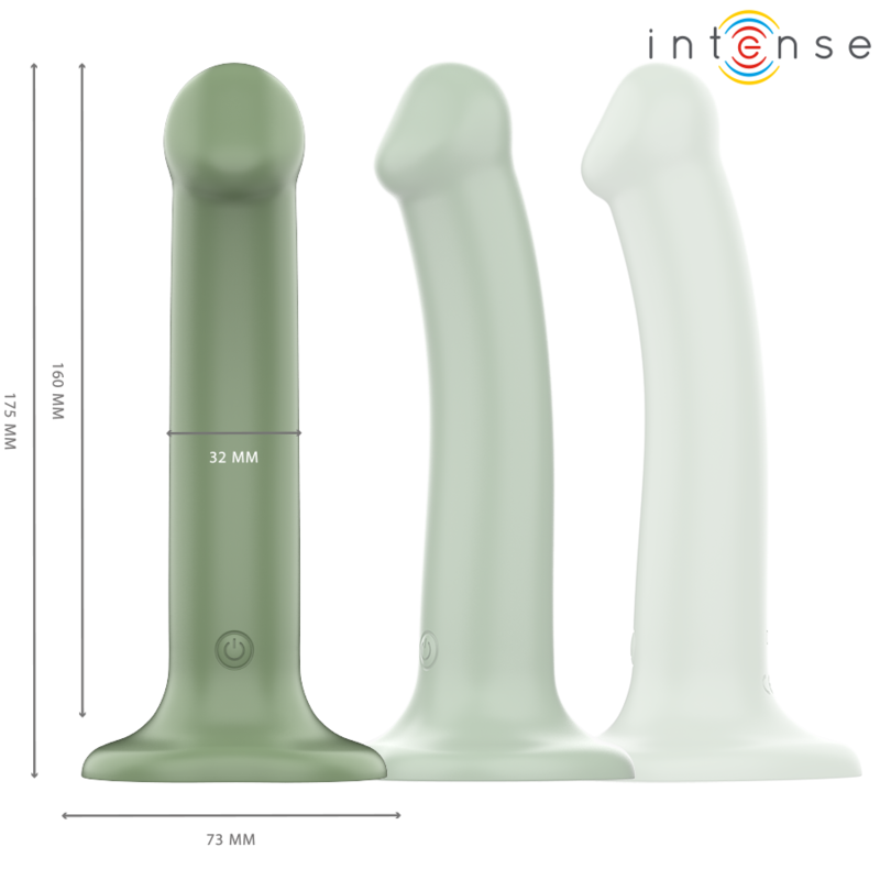 Vibrador INTENSE Becca verde com ventosa e controle remoto, exibindo seu design ergonômico.