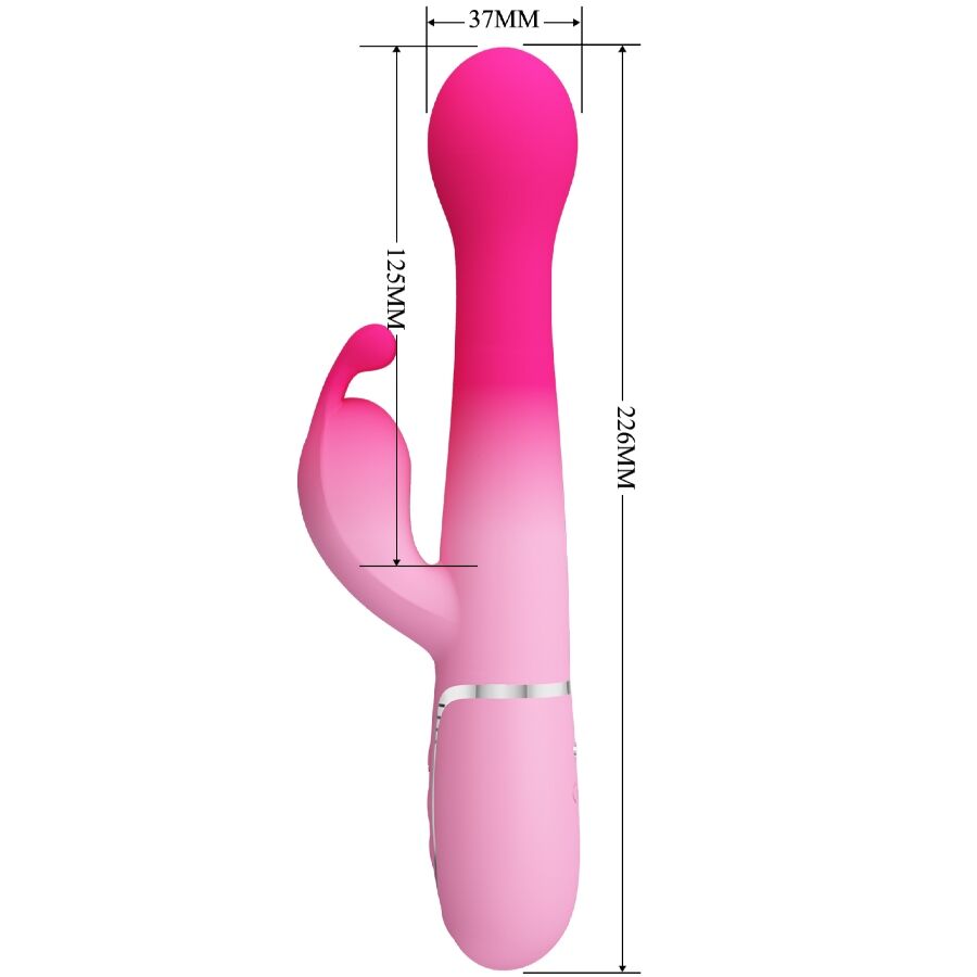 Close-up do PRETTY LOVE Vibrador Rabbit Multifuncional 3 em 1, destacando seu design ergonômico em silicone rosa e as diferentes texturas para estimulação.